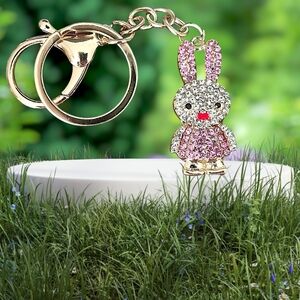 Adorable Baby Bunny Bag Charm / Keychain with Pink Crystal Accents